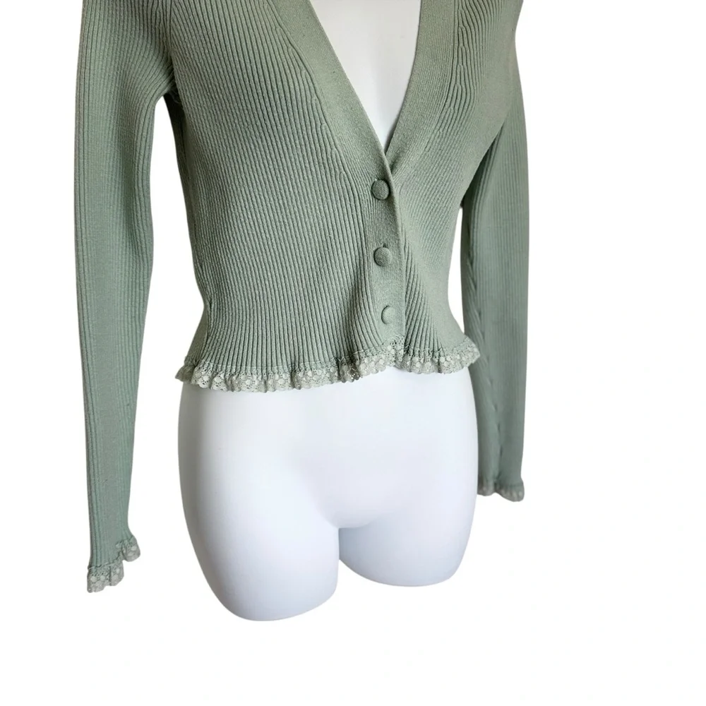 For Love and Lemons Nina Cropped Mint Ribbed Button Cardigan with Lace Trim - Picture 5 of 9